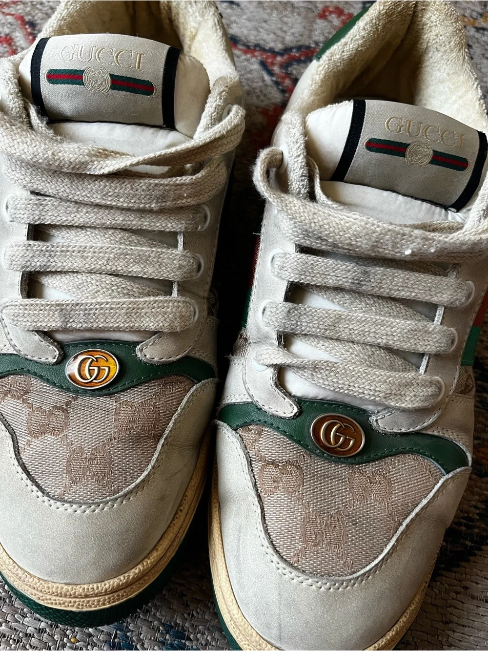 Gucci Cream and Green Leather Logo Sneakers Size 41 Sneakers GG Monogram